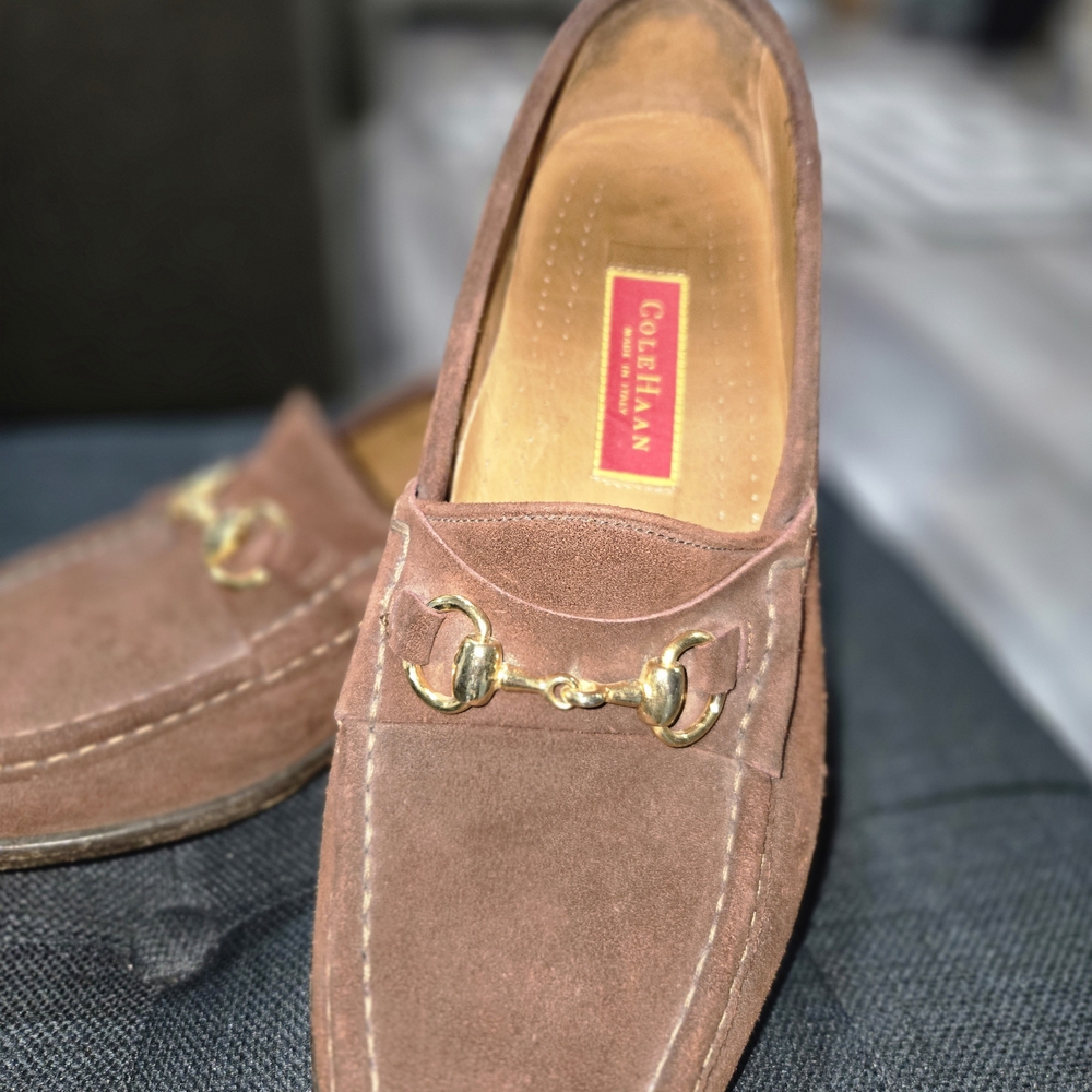 Cole Haan Tan Suede Loafers with Gold Detail